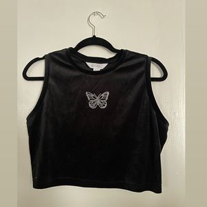 Y2K Velour Velvet Cropped Tank Top in Black with Butterfly Rhinestone Accent